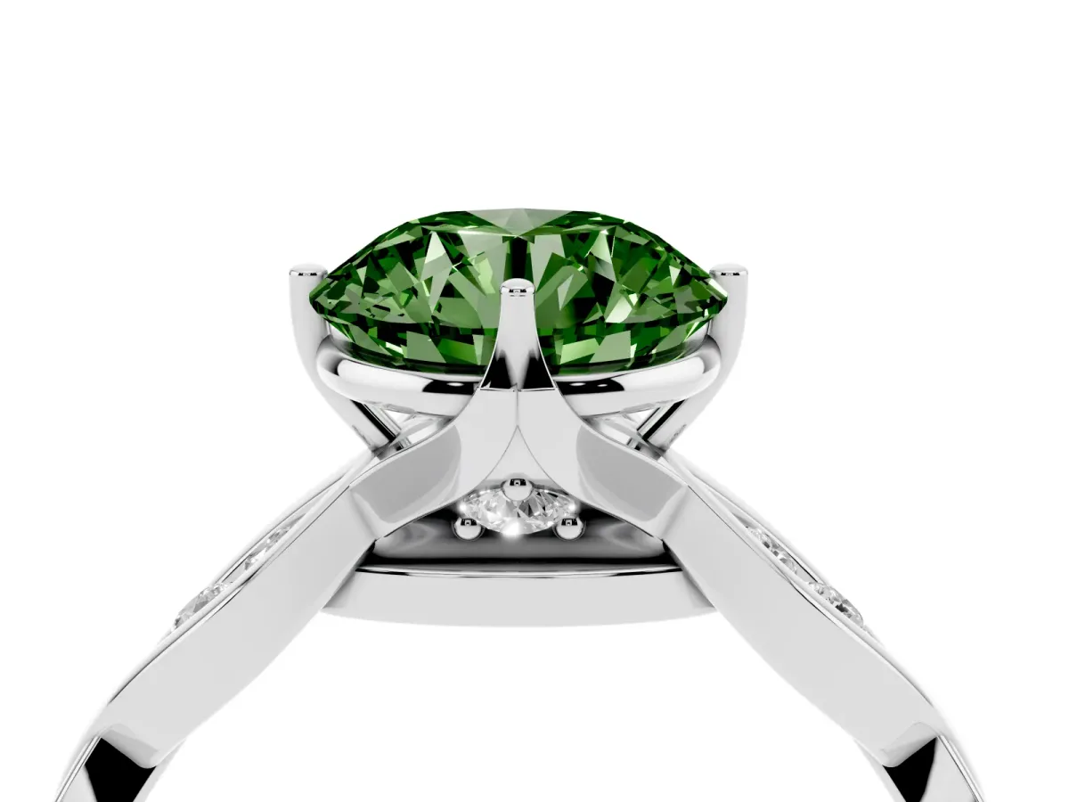 Fancy Green Round Cut Solitaire Twist Band with Leaf Prong Setting Platinum