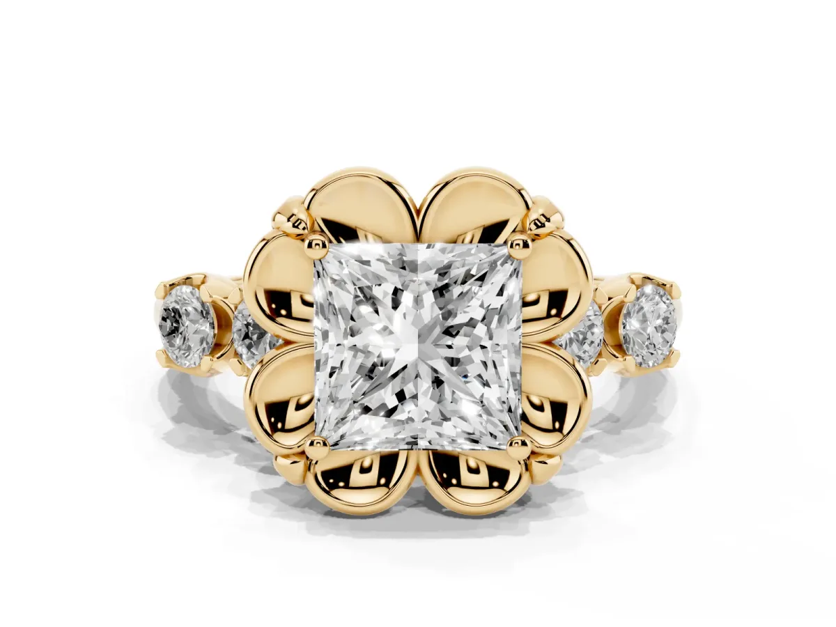 Princess Cut Cut Diamond Floral Halo Engagement Ring with Shared Prong Setting Yellow gold