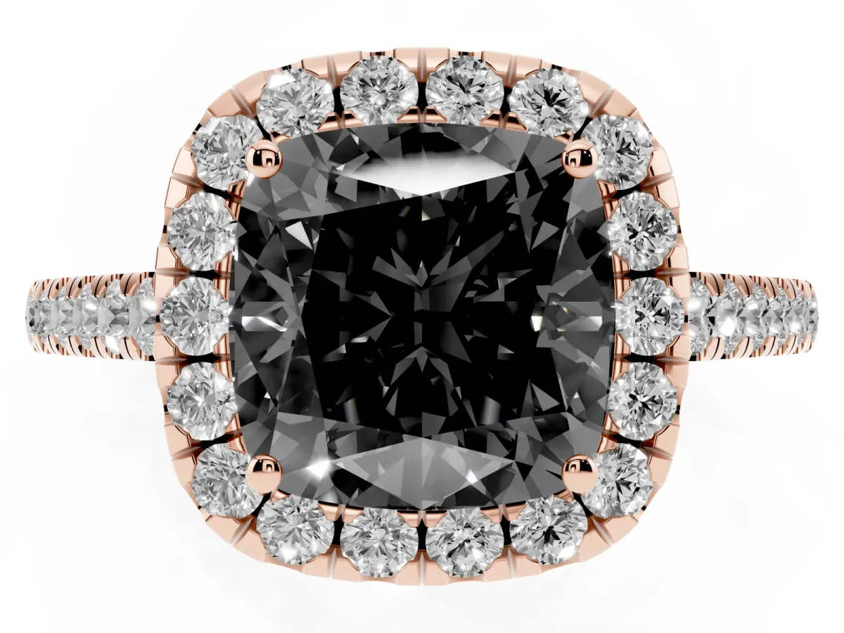 Fancy Black Cushion Cut Halo Pave Diamond Engagement Ring with Four-Prong Setting Rose gold