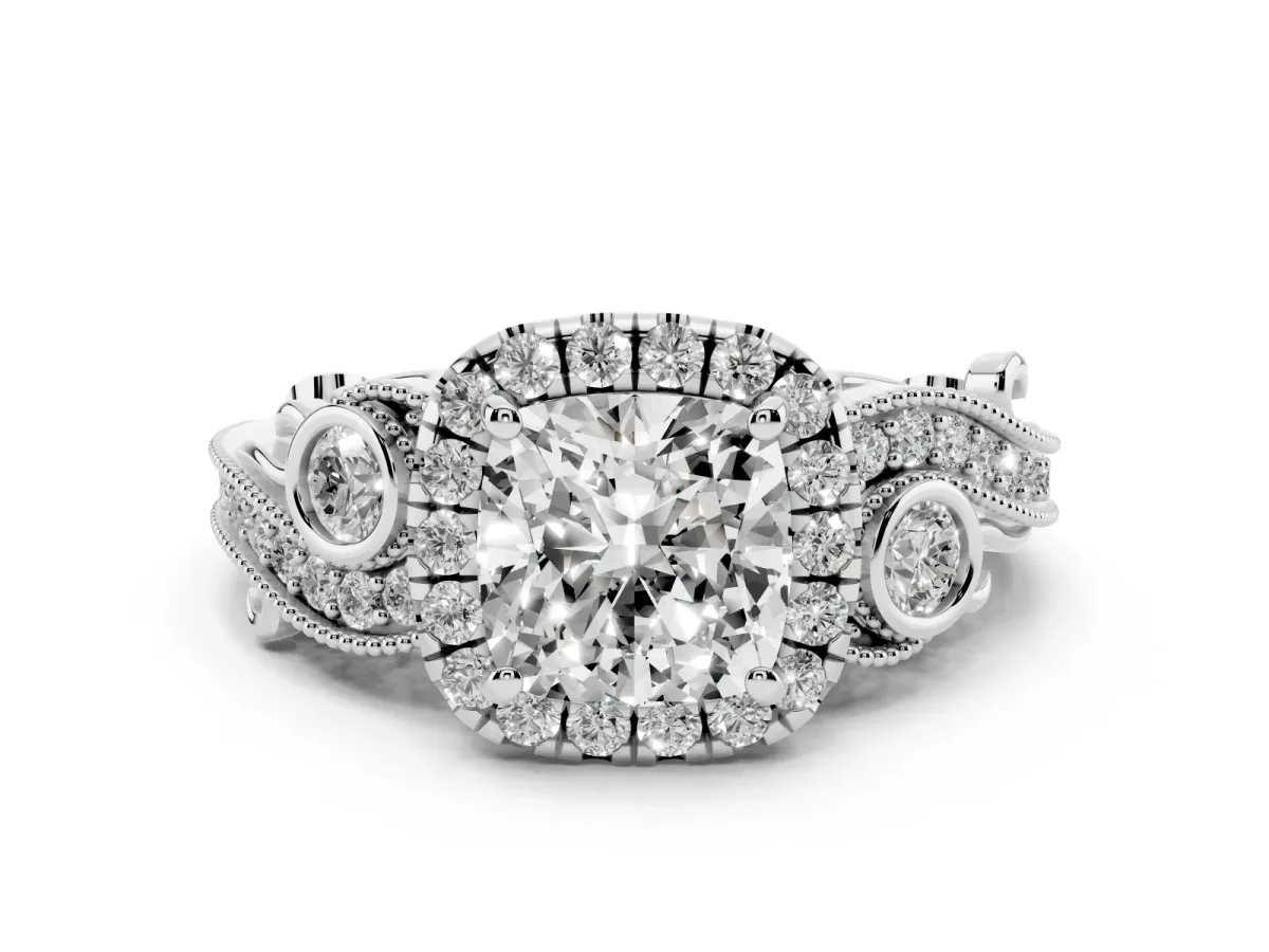Cushion Cut Diamond Halo Ring with Milgrain Pavé Band and Four-Prong Setting White gold