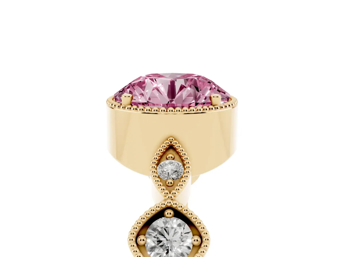 Fancy Pink Round Cut Diamond Vintage Milgrain Ring with Round Stations Yellow gold