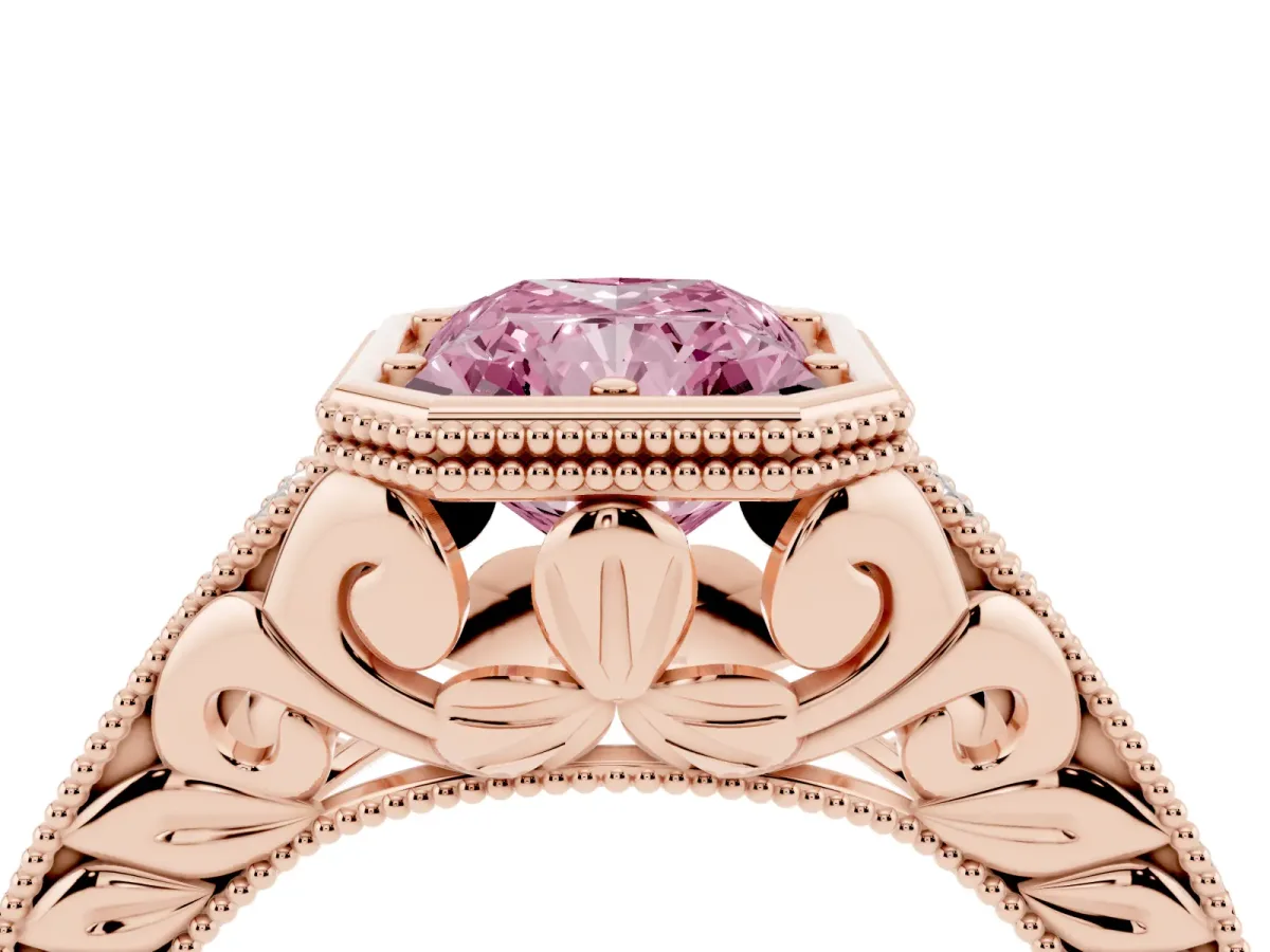 Fancy Pink Bezel Set Radiant Cut Diamond Milgrain Pave Engagement Ring Rose gold