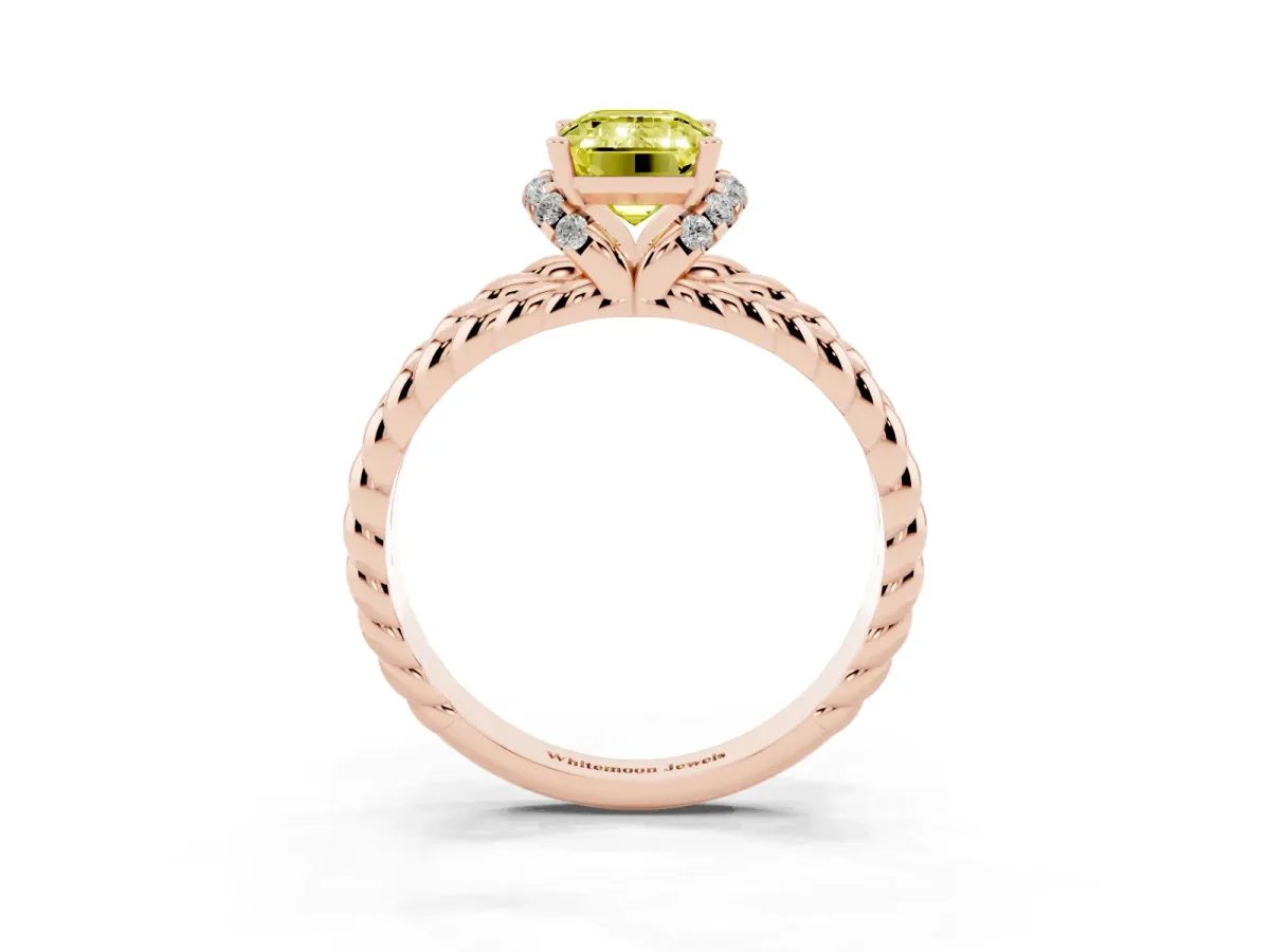 Fancy Yellow Emerald Cut Halo Twisted Band Four-Prong Ring Rose gold