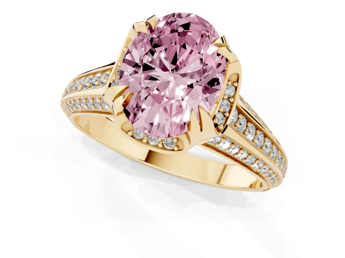 Fancy Pink Oval Cut Solitaire Pave Split Shank Ring with Four-Prong Setting Yellow gold