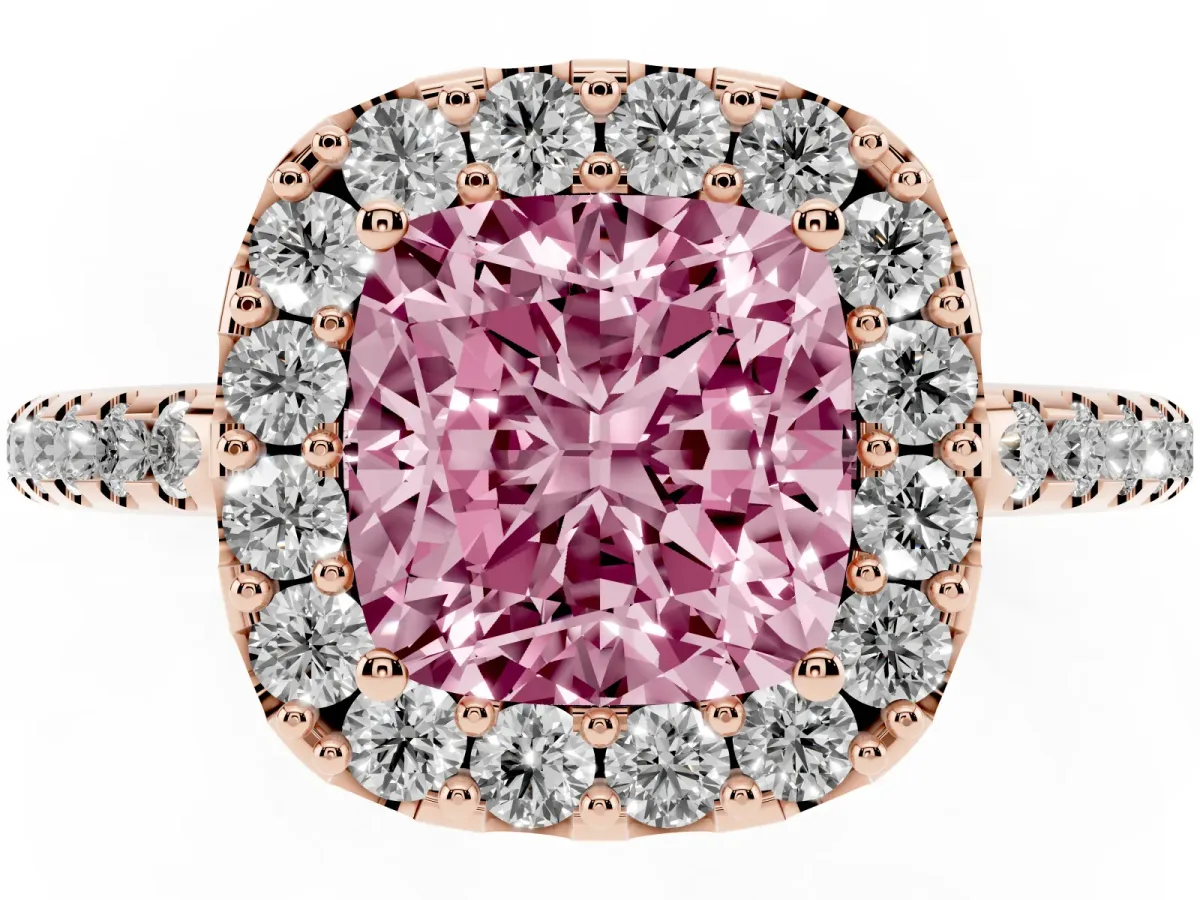Fancy Pink Cushion Cut Diamond Pavé Halo Ring with Four-Prong Setting Rose gold