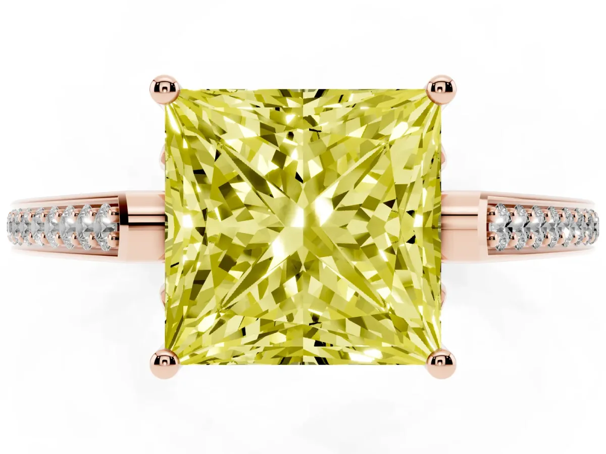 Fancy Yellow Princess Cut Cut Cathedral Pave Diamond Engagement Ring with Six-Prong Setting Rose gold