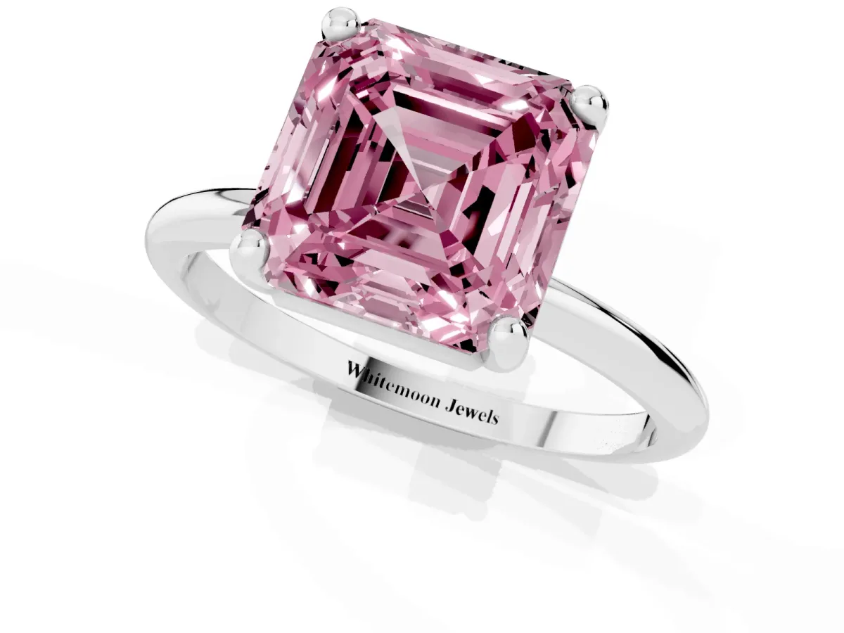 Fancy Pink Asscher Cut Solitaire Diamond Ring with 4-Prong Setting on a Classic Band Silver
