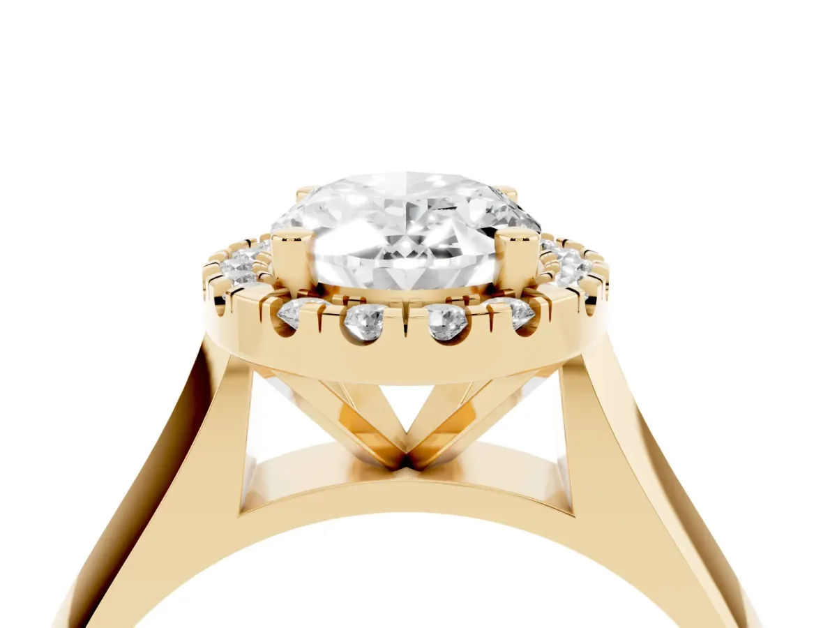 Oval Cut Cut Halo Solitaire Engagement Ring with Square Band and Four-Prong Setting Yellow gold
