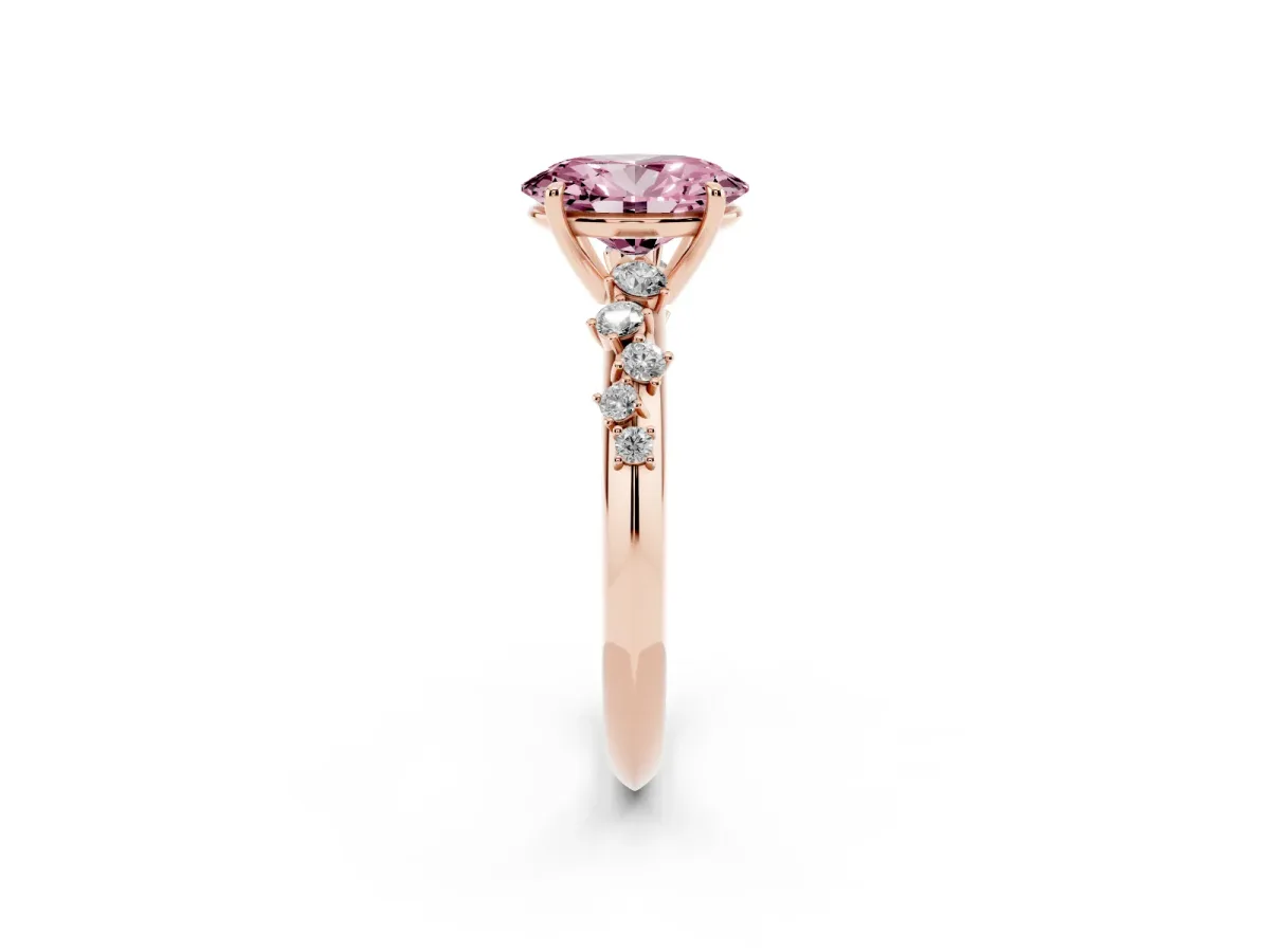 Fancy Pink Oval Cut Diamond Cluster Side Stone Solitaire Ring with Prong Setting Rose gold