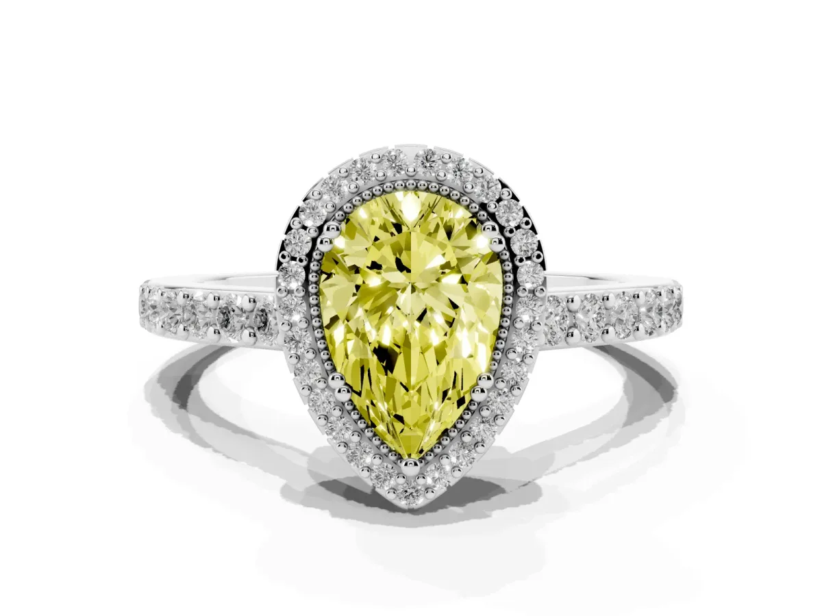 Fancy Yellow Pear Cut Cut Diamond Halo Engagement Ring with Milgrain Detail and Pavé Band Silver