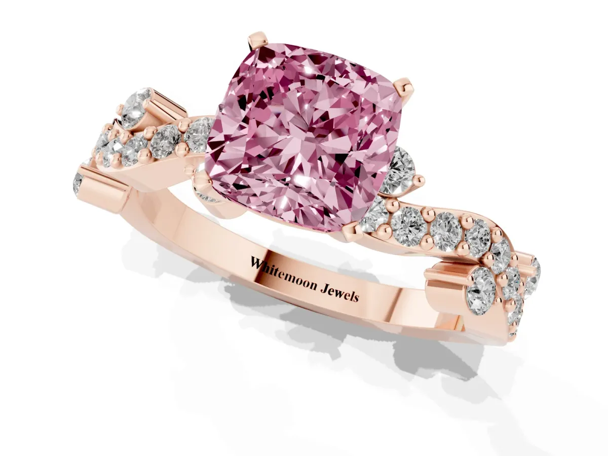 Fancy Pink Cushion Cut Cut Solitaire Diamond Twisted Band with Pave Setting Rose gold