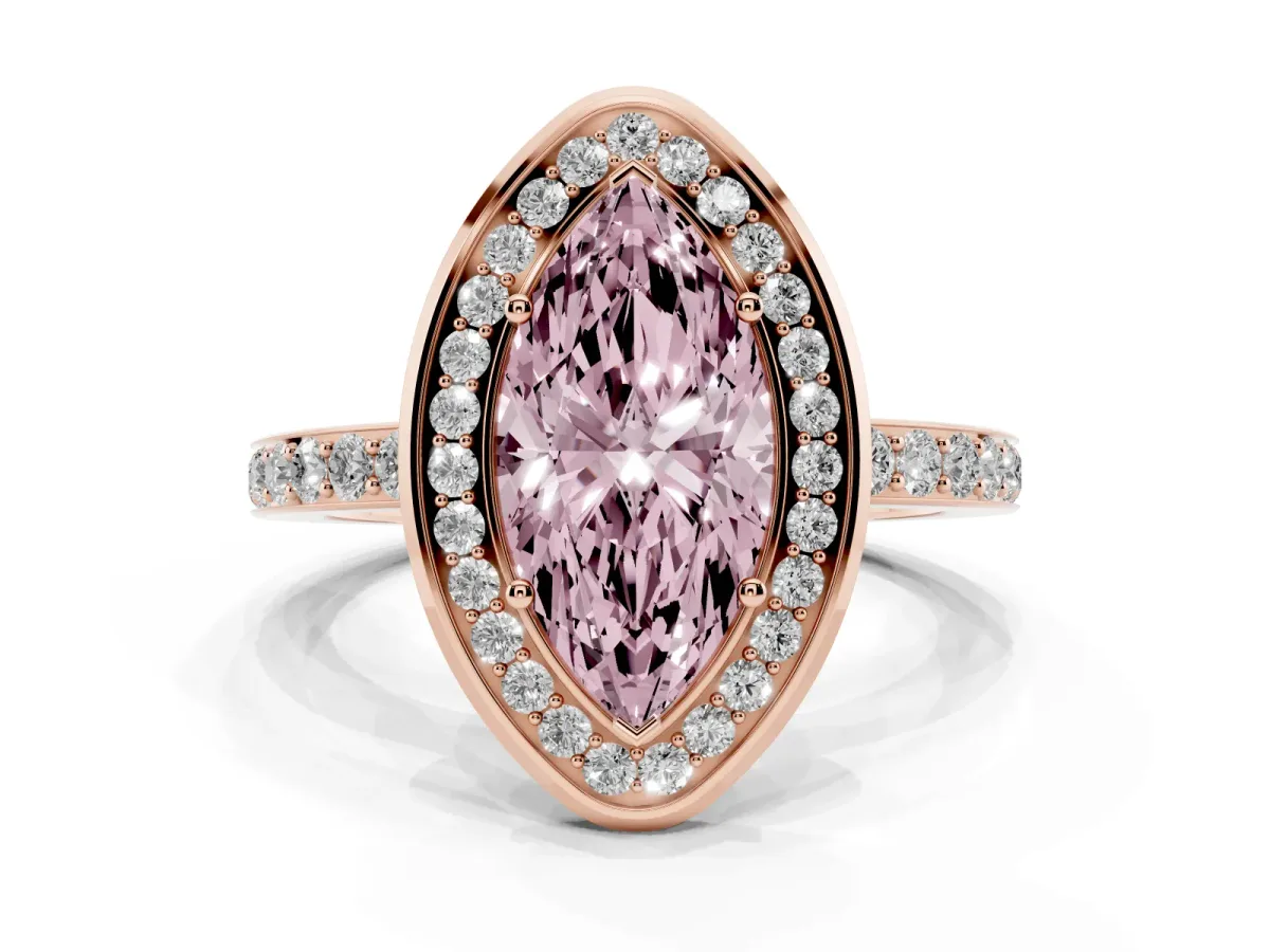 Fancy Pink Marquise Cut Diamond Halo Ring with Bezel Frame and Pavé Band Rose gold