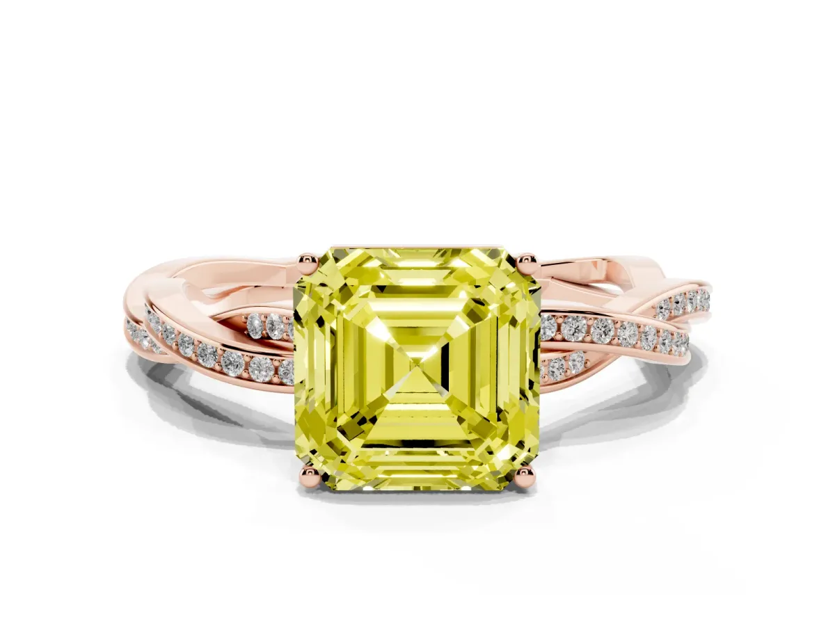 Fancy Yellow Asscher Cut Solitaire Twisted Pave Diamond Ring with Four-Prong Setting Rose gold