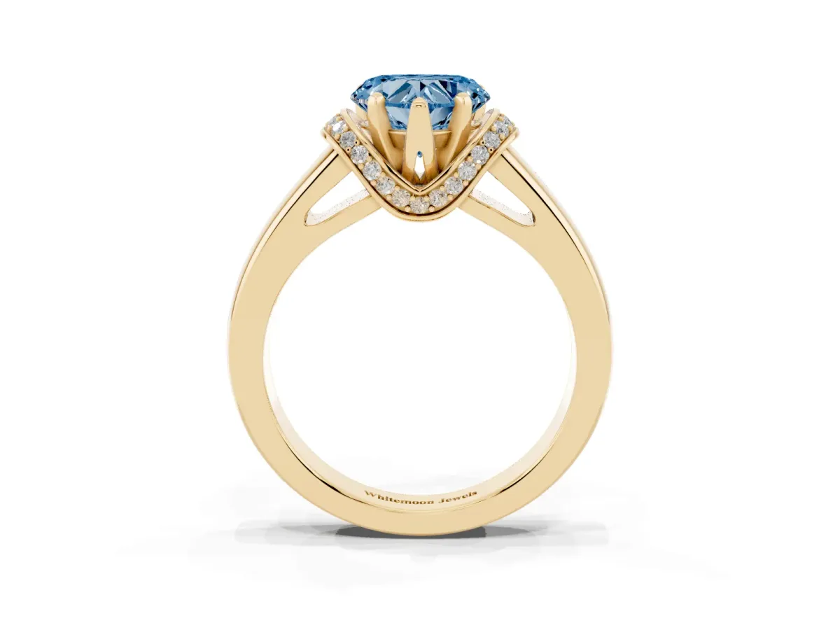 Fancy Blue Heart Cut Solitaire Diamond Ring with Pave Band and Six-Prong Setting Yellow gold