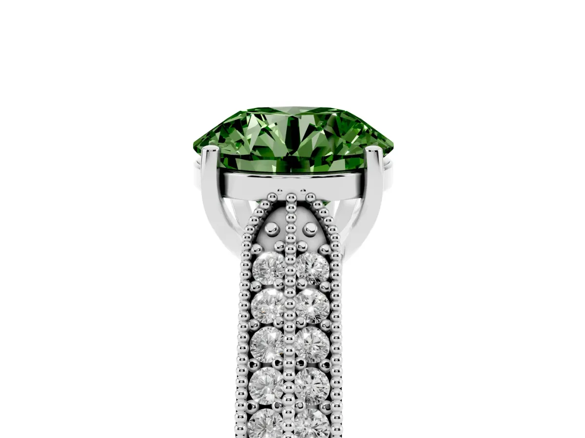 Fancy Green Round Cut Cut Pave Split Shank Engagement Ring with Four-Prong Setting White gold