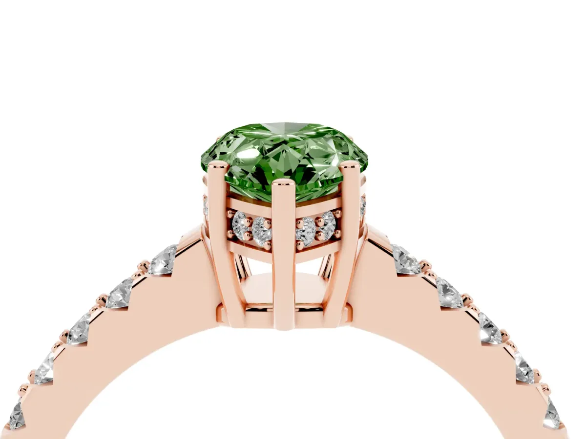 Fancy Green Pear Cut Solitaire Diamond Engagement Ring with Pavé Band and Six-Prong Setting Rose gold