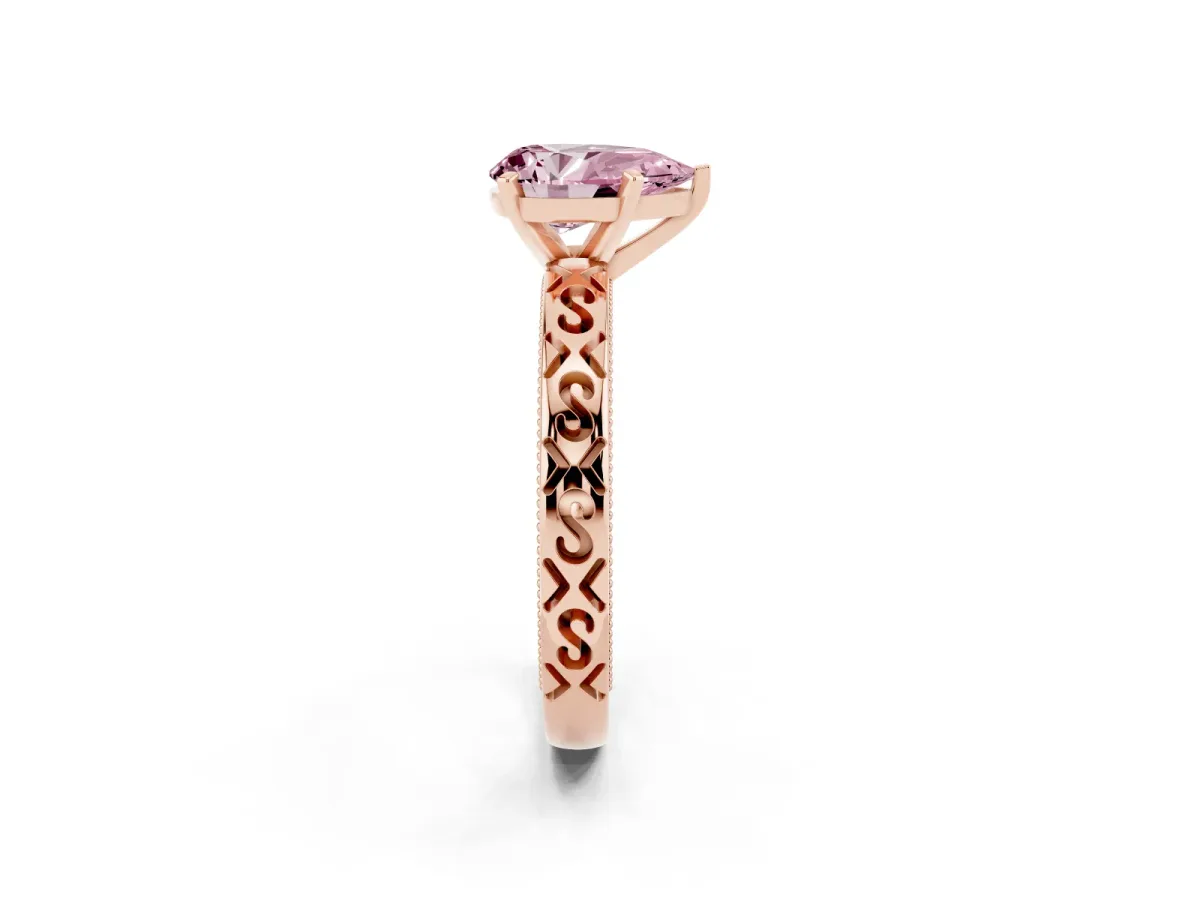 Fancy Pink Pear Cut Solitaire Engagement Ring with Scrollwork Band and Four-Prong Setting Rose gold