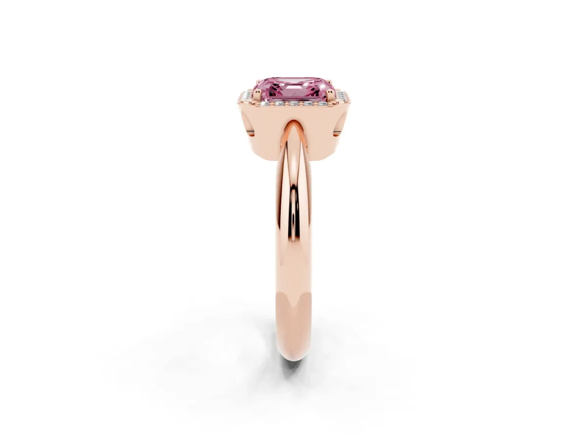 Fancy Pink Asscher Cut Cut Diamond Halo Engagement Ring with Split Shank and Four-Prong Setting Rose gold