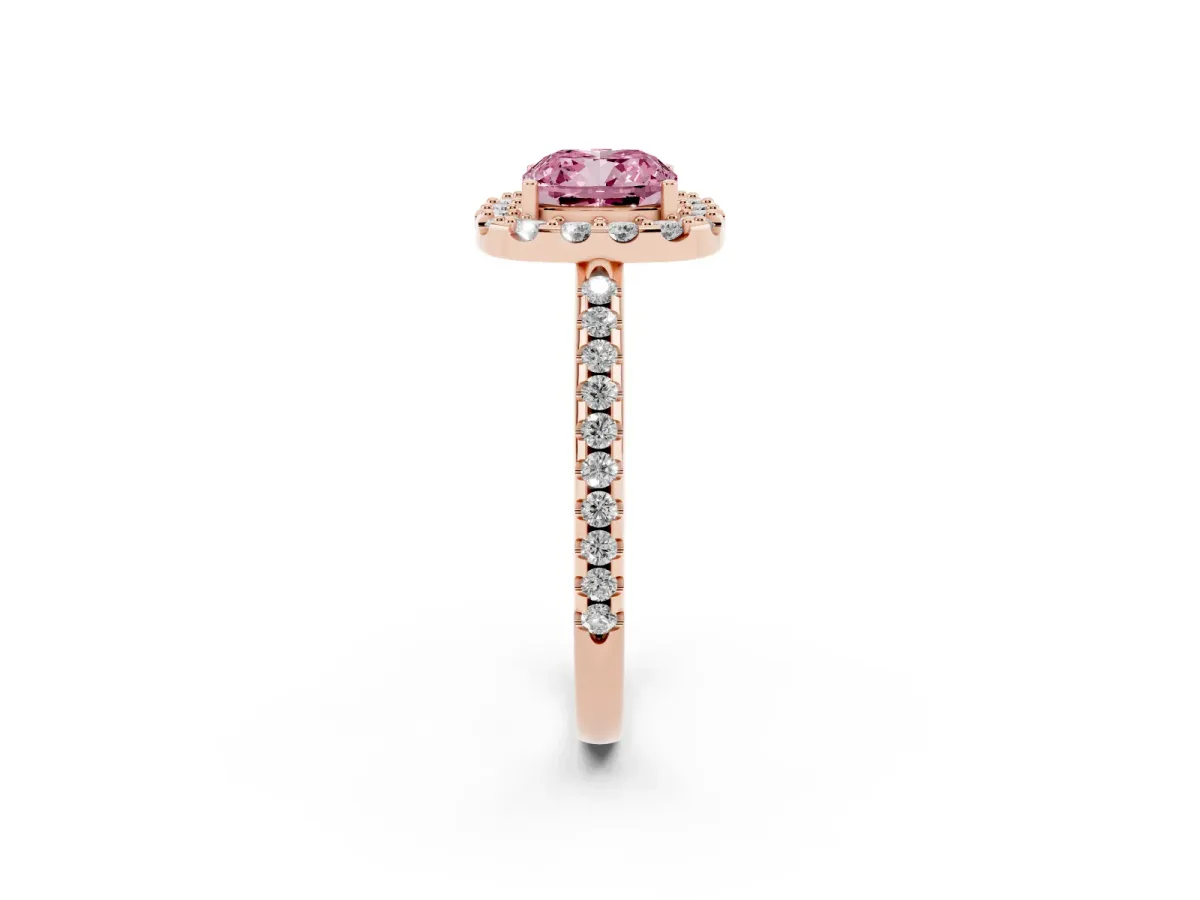 Fancy Pink Cushion Cut Diamond Pavé Halo Ring with Four-Prong Setting Rose gold