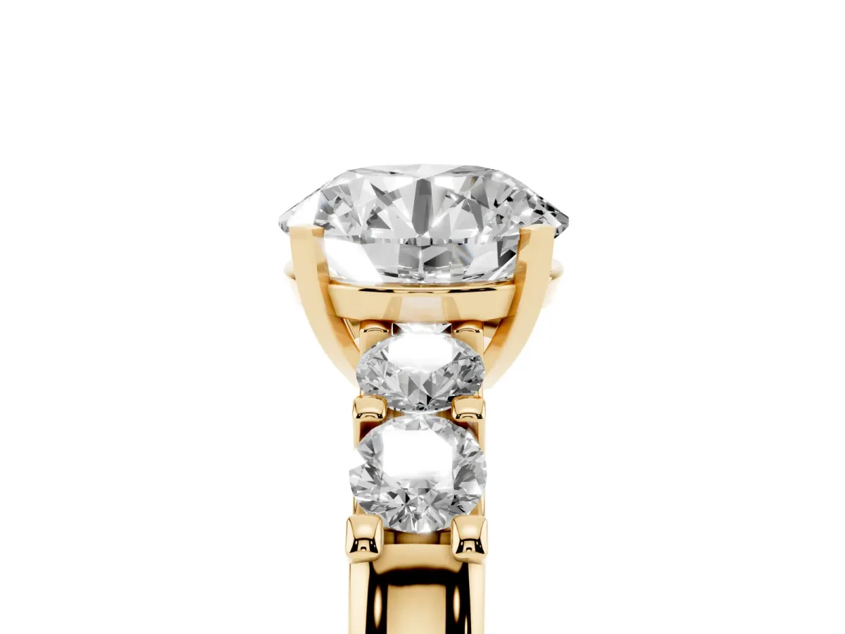 Round Cut Brilliant Cut Diamond Five-Stone Prong Set Engagement Ring with Channel Band Yellow gold