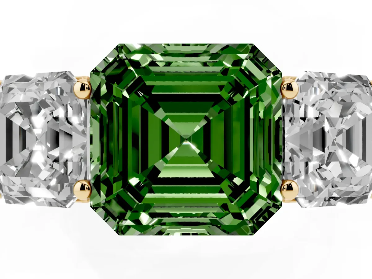 Fancy Green Asscher Cut Three-Stone Diamond Ring with Prong Setting on a Classic Band Yellow gold