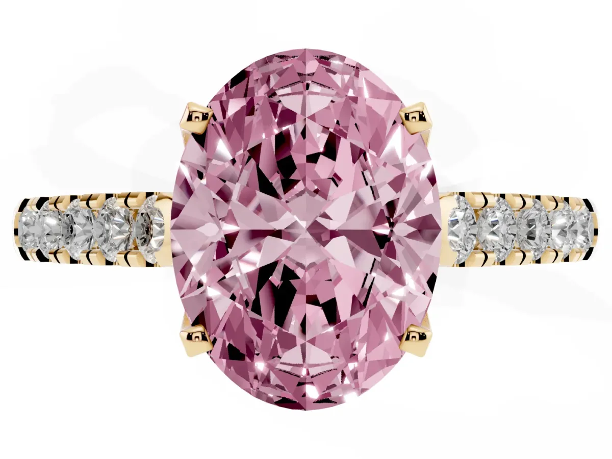 Fancy Pink Oval Cut Diamond Pavé Band Solitaire Ring with Prong Setting Yellow gold