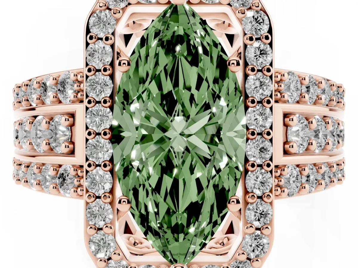 Fancy Green Marquise Cut Halo Diamond Ring with Round Split Shank and Prong Setting Rose gold