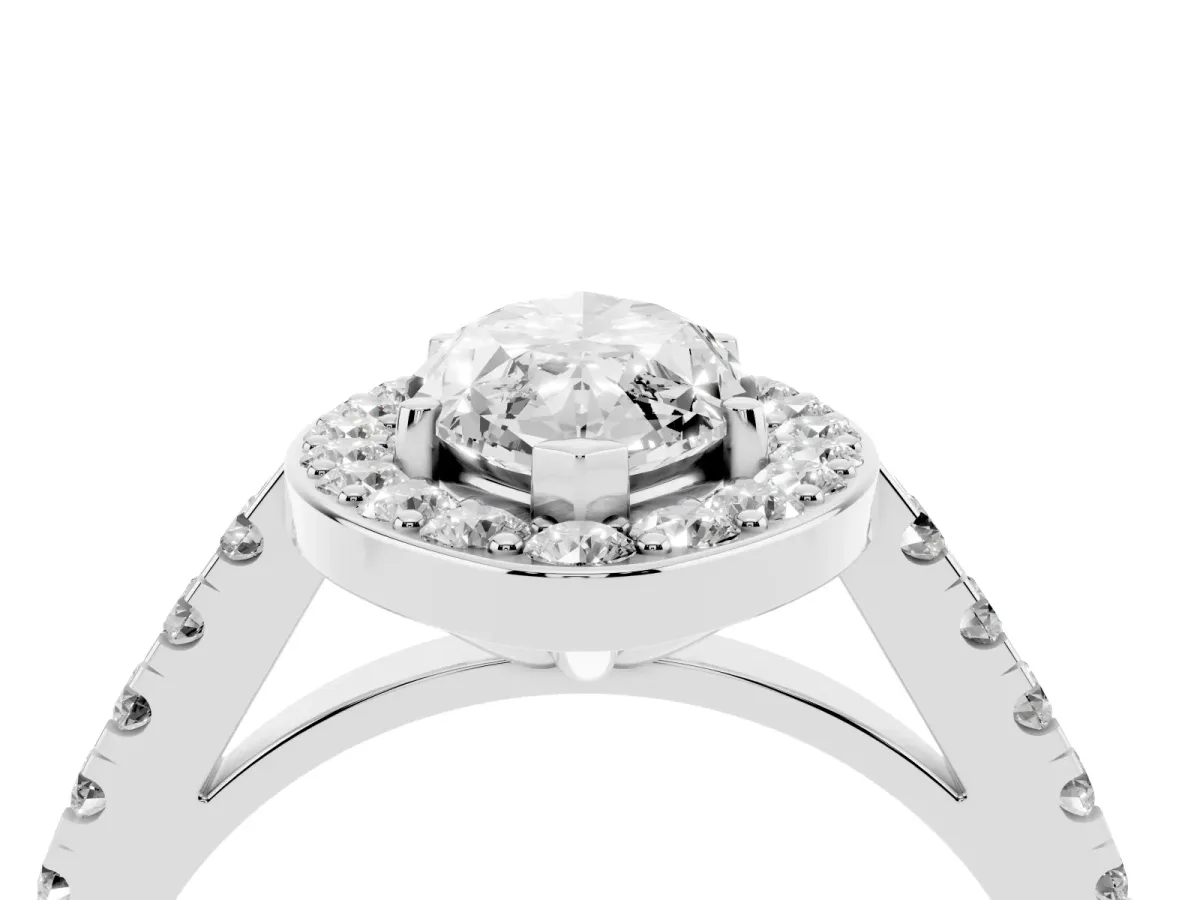 Marquise Cut Diamond Halo Ring with Round Pavé Split Shank and Prong Setting Silver