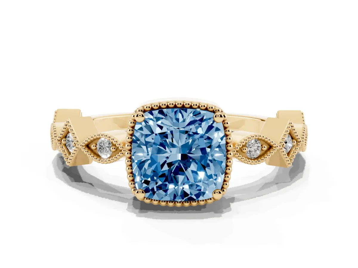 Fancy Blue Cushion Cut Milgrain Marquise Diamond Twist Band Ring Yellow gold