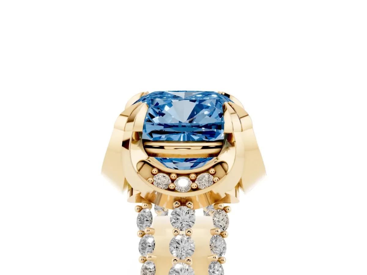 Fancy Blue Cushion Cut Solitaire Pave Split Shank Ring with Four-Prong Setting Yellow gold