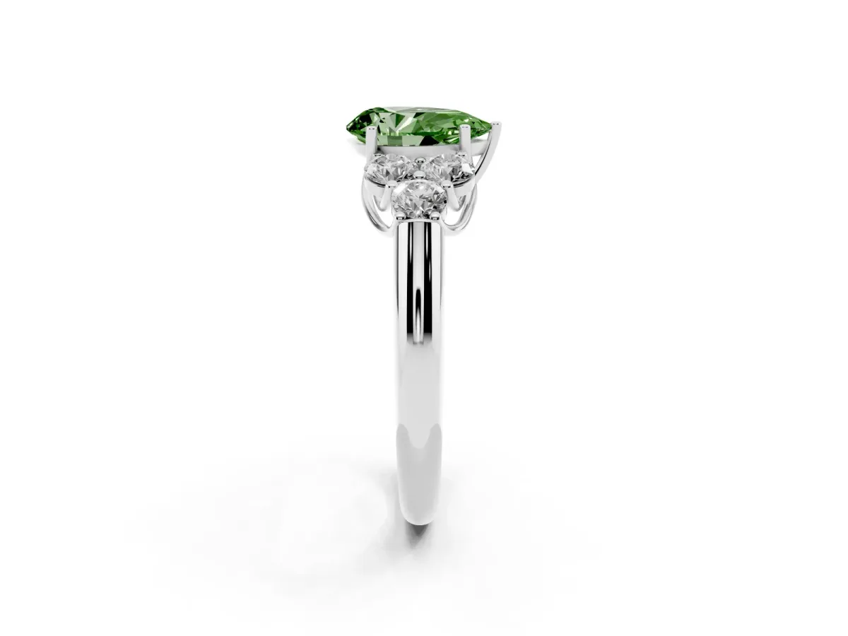 Fancy Green Pear Cut Cut Diamond Cluster Ring with Round Accent Stones and Prong Setting on a Classic Band White gold