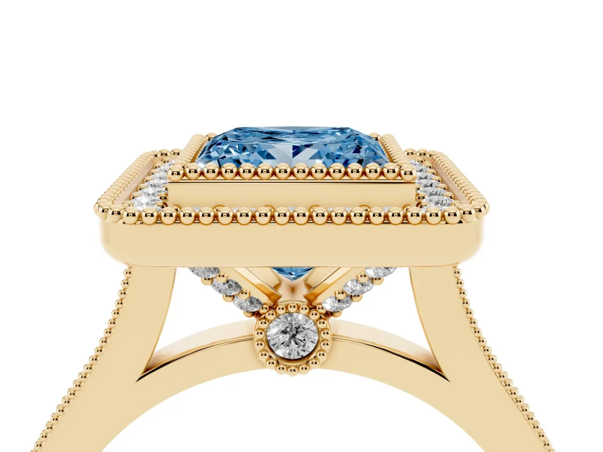 Fancy Blue Princess Cut Diamond Halo Ring with Milgrain Frame and Pavé Band Yellow gold