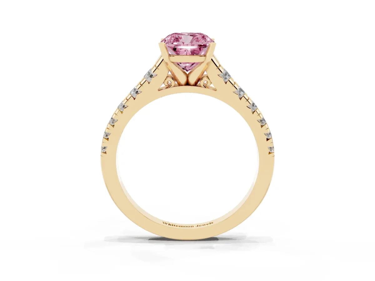 Fancy Pink Cushion Cut Diamond Cathedral Solitaire Ring with Round Pavé Band Yellow gold