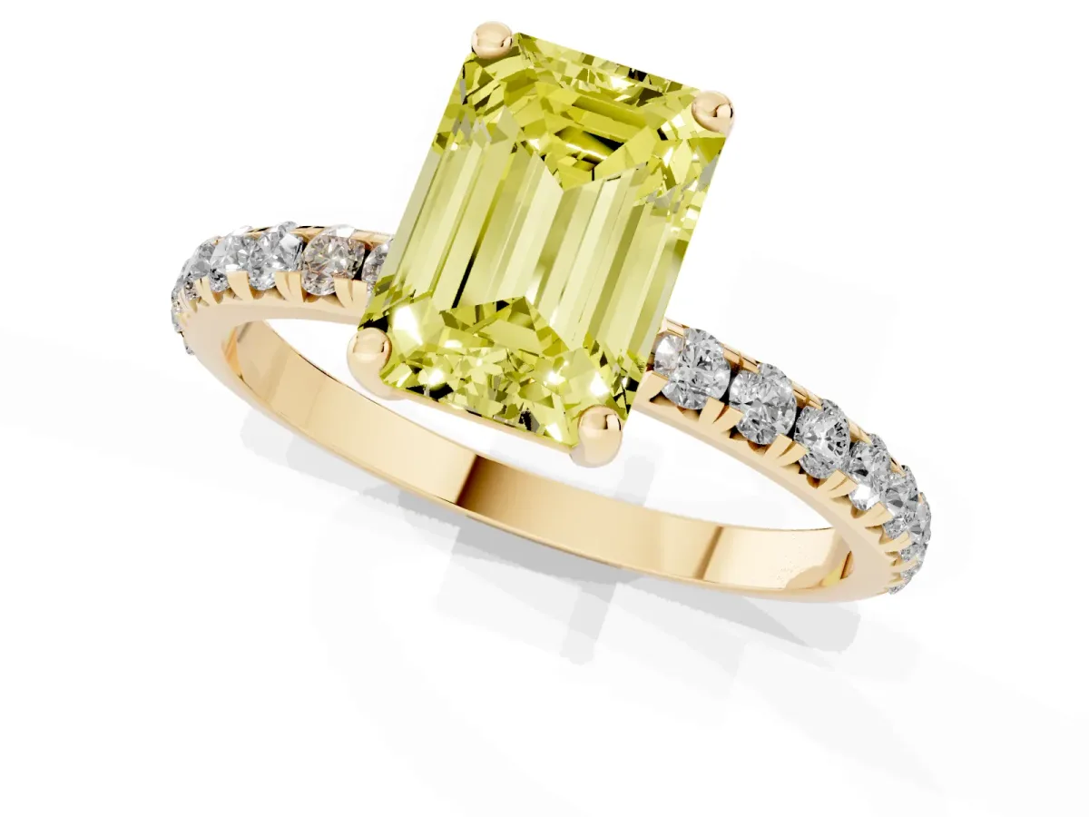 Fancy Yellow Emerald Cut Cut Diamond Solitaire Ring with Micro Pave Band and Four Prong Setting Yellow gold