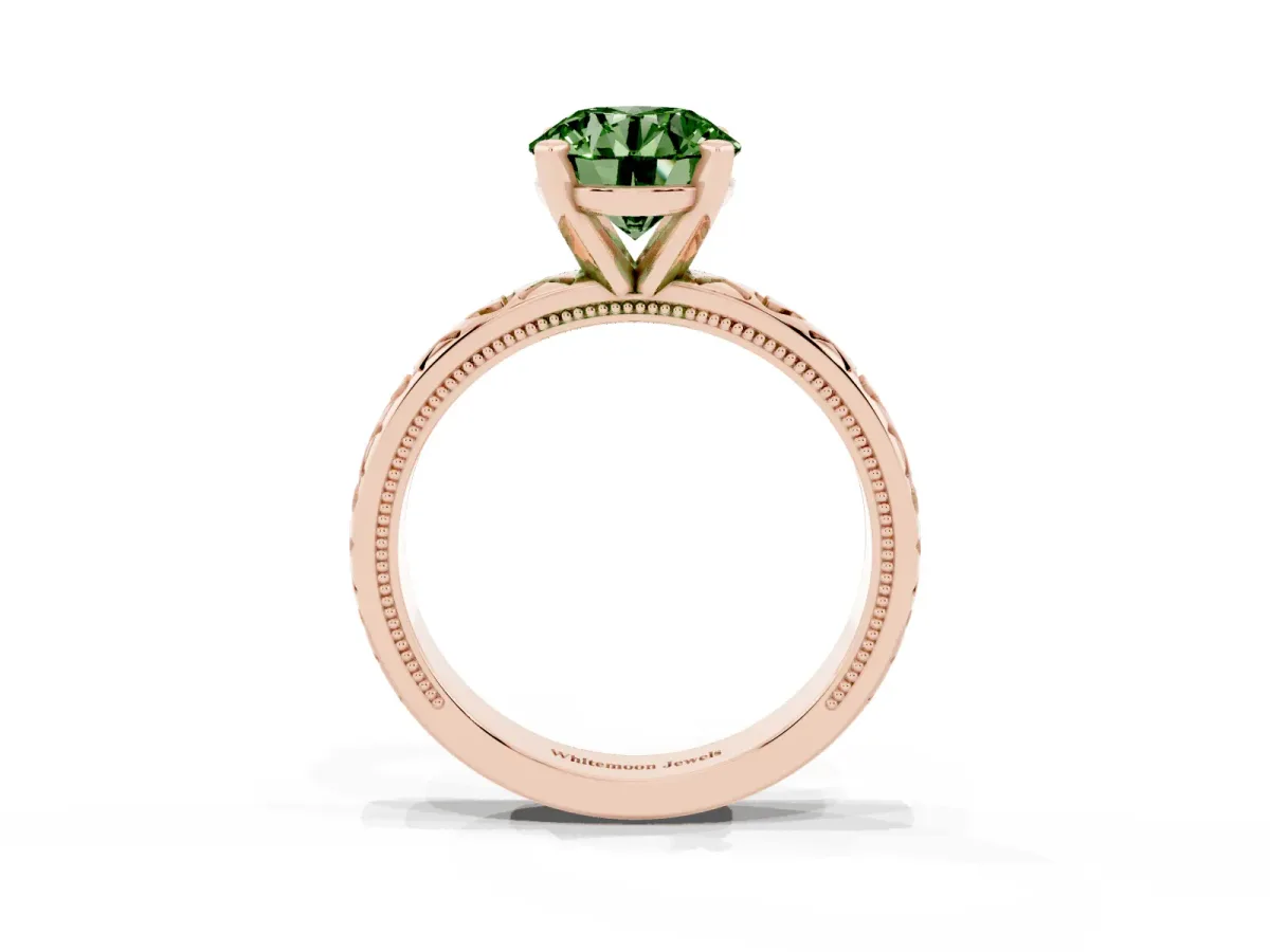 Fancy Green Round Cut Solitaire Diamond Engagement Ring with XO Engraved Band and Four-Prong Setting Rose gold