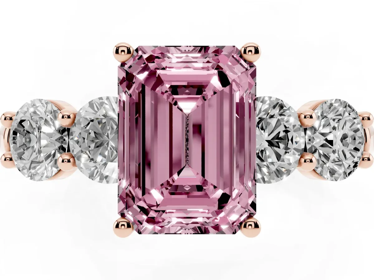 Fancy Pink Emerald Cut Cut Five-Stone Prong Set Diamond Ring with Classic Band Rose gold