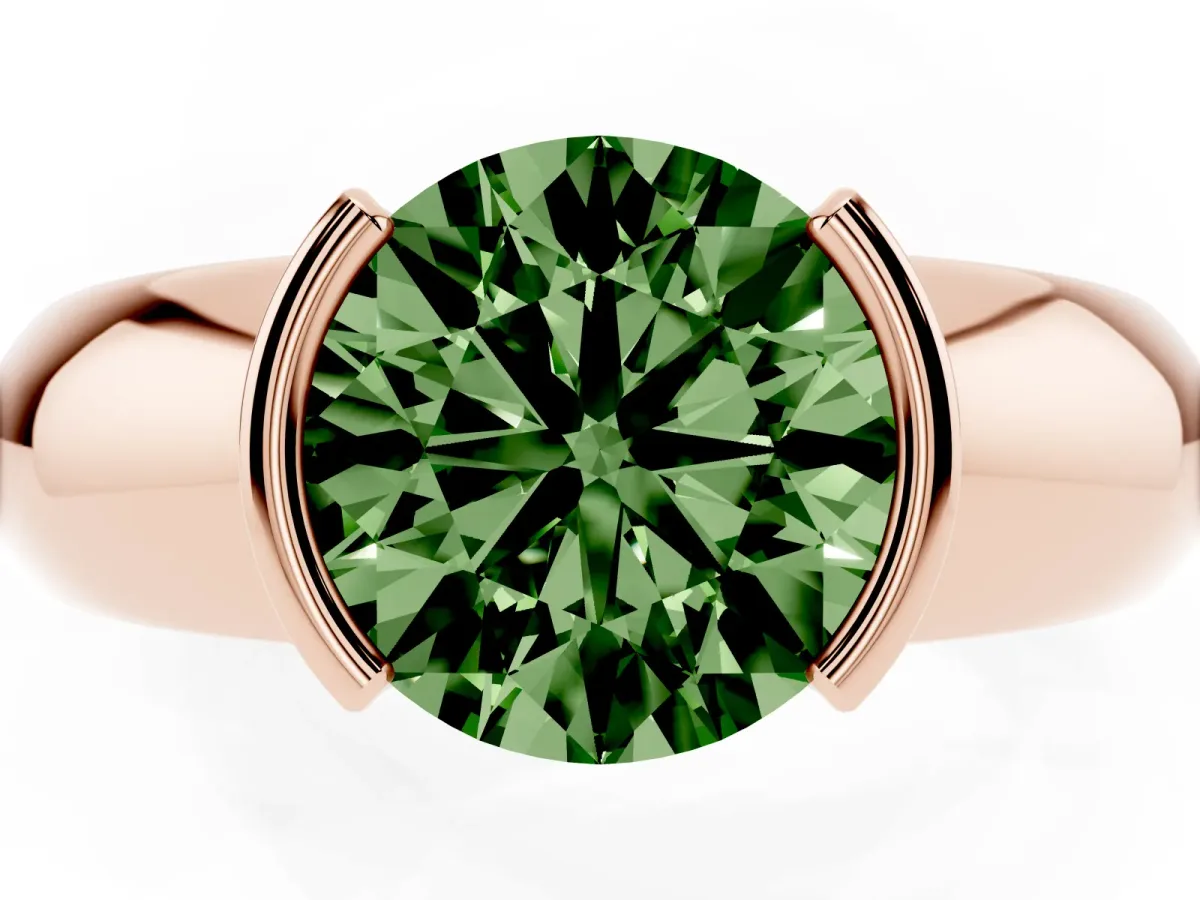 Fancy Green Round Cut Solitaire Tension Set Diamond Ring with Wide Band Rose gold