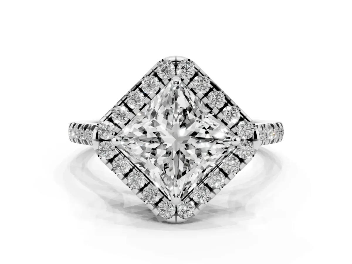 Princess Cut Diamond Cushion Halo Ring with Pavé Band Silver