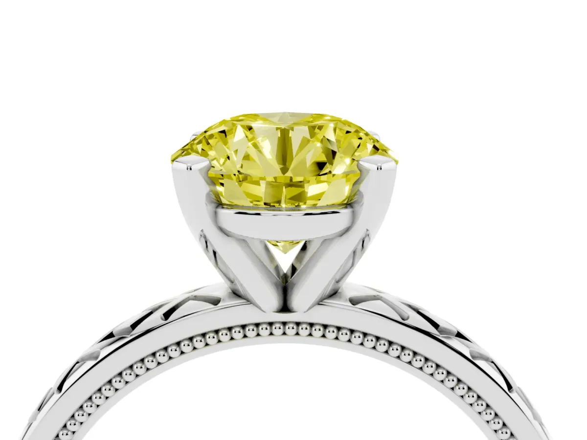 Fancy Yellow Round Cut Solitaire Diamond Ring with Milgrain and Black Enamel X Pattern Band Silver