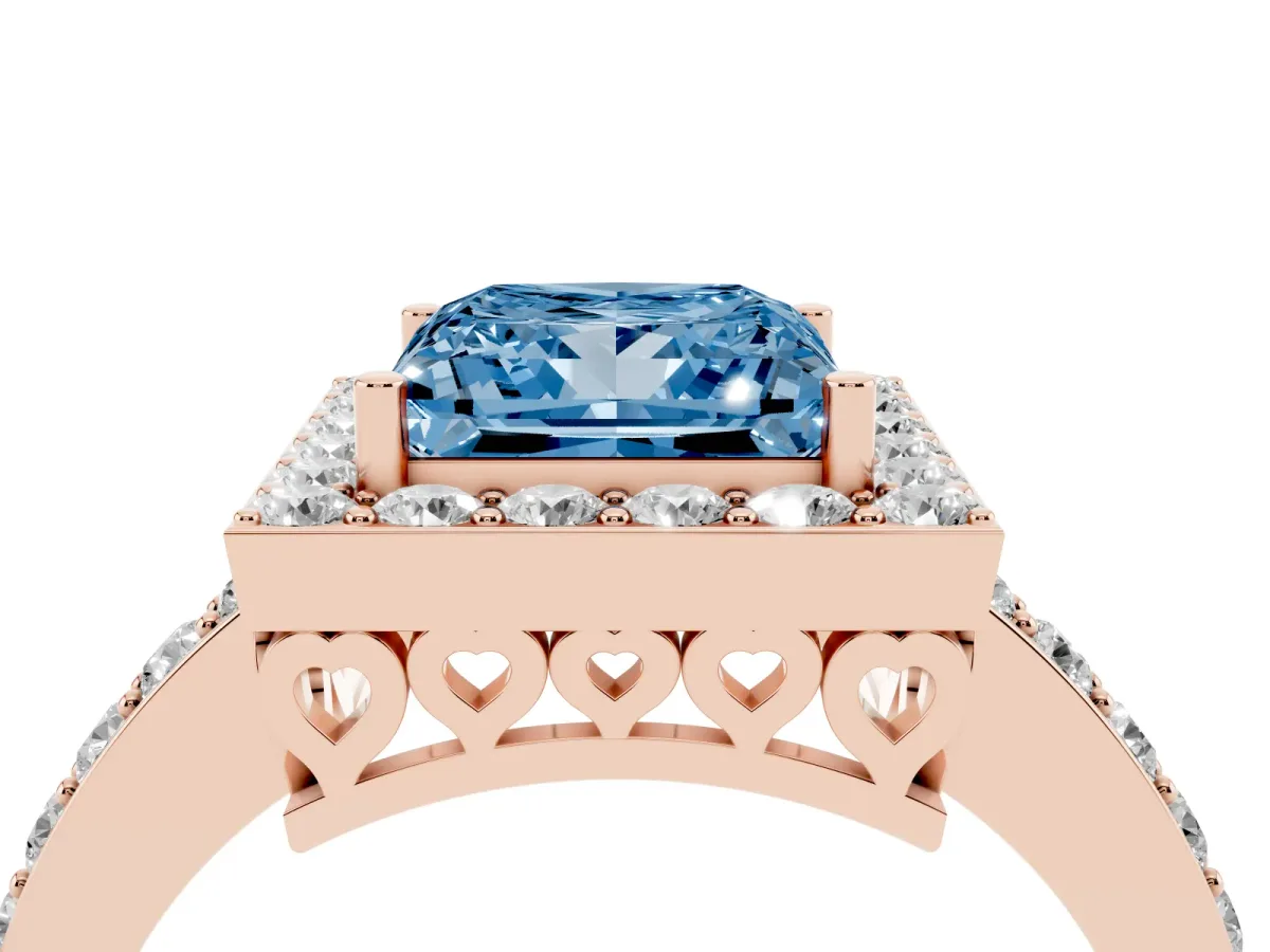 Fancy Blue Princess Cut Halo Diamond Pavé Band Ring with Prong Setting Rose gold