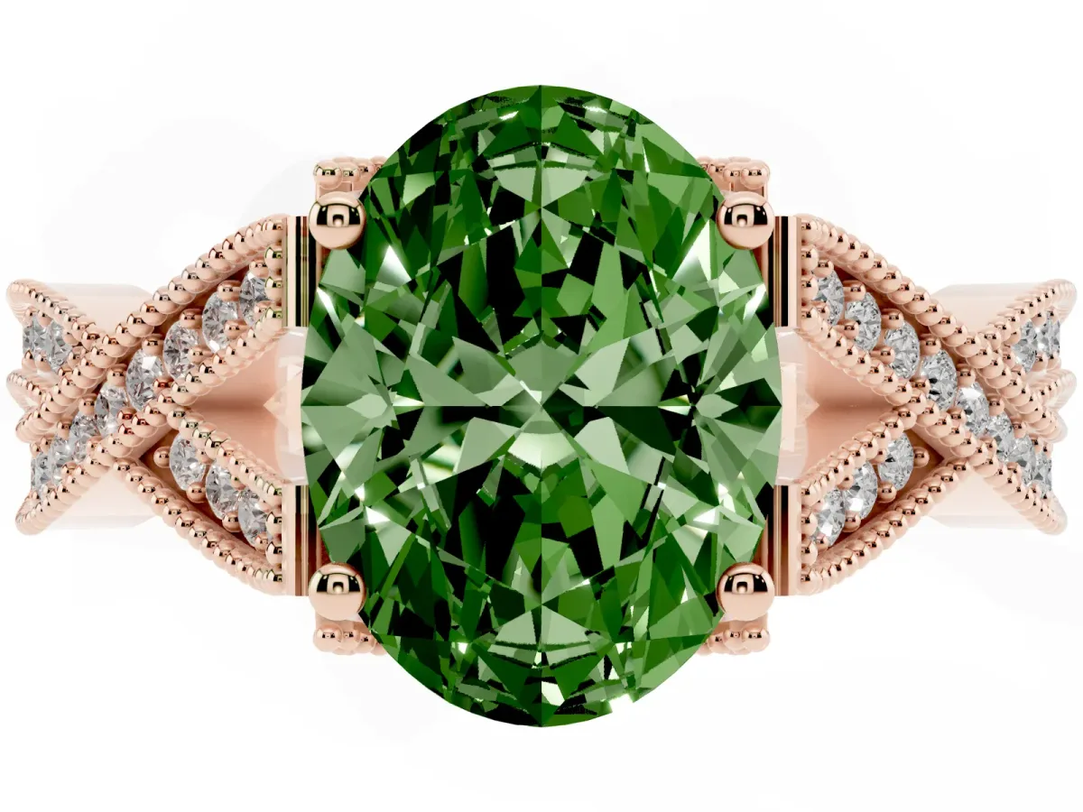 Fancy Green Oval Cut Cut Diamond Twisted Band with Milgrain Pave Setting and Four-Prong Setting Rose gold