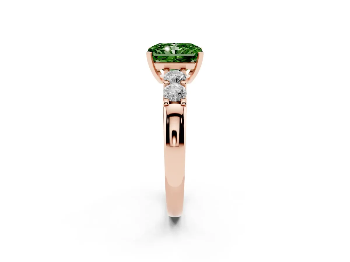 Fancy Green Radiant Cut Brilliant Cut Diamond Five-Stone Prong Set Engagement Ring with Channel Band Rose gold