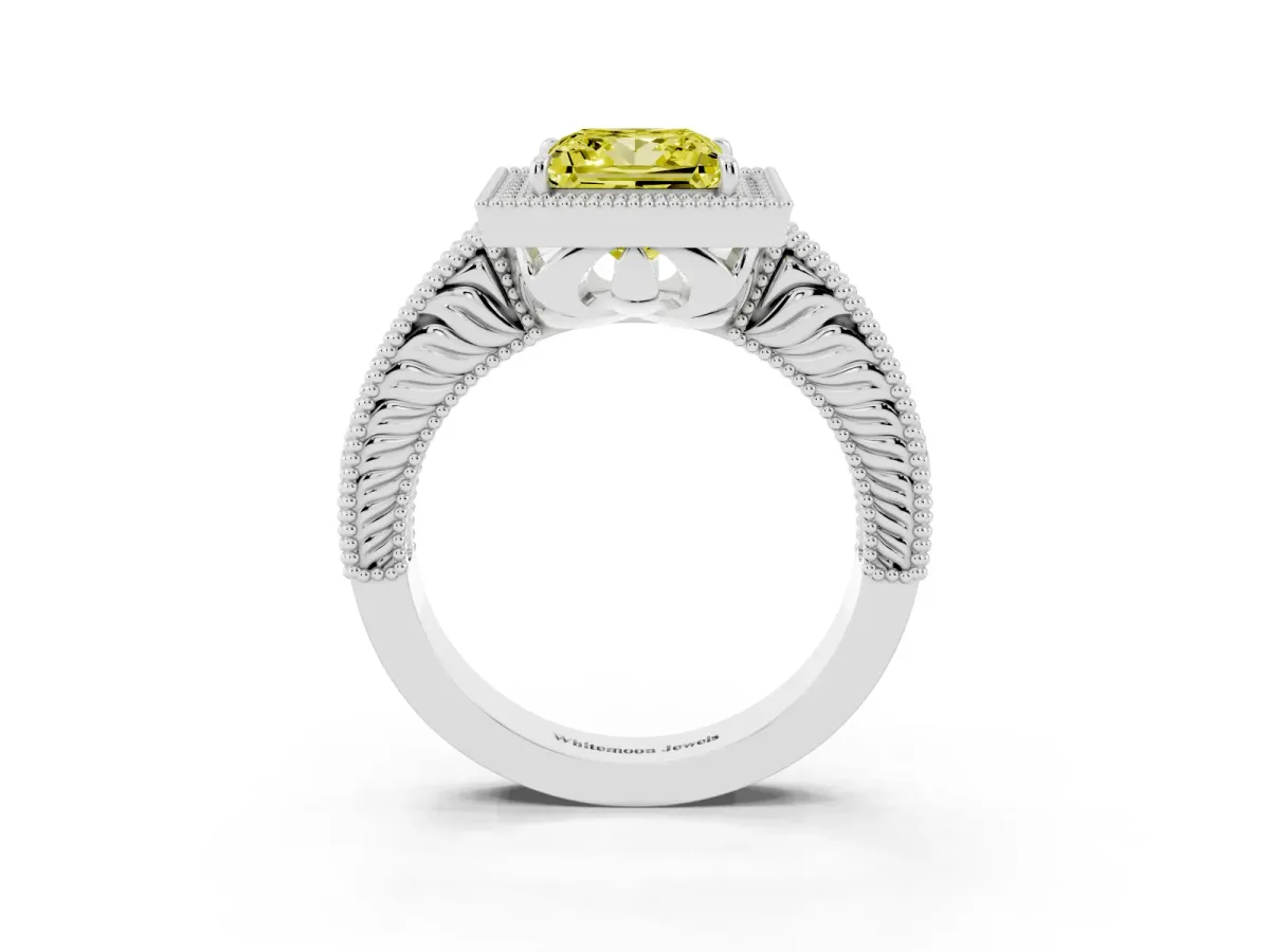 Fancy Yellow Princess Cut Cut Halo Diamond Ring with Pavé Band and Four-Prong Setting White gold