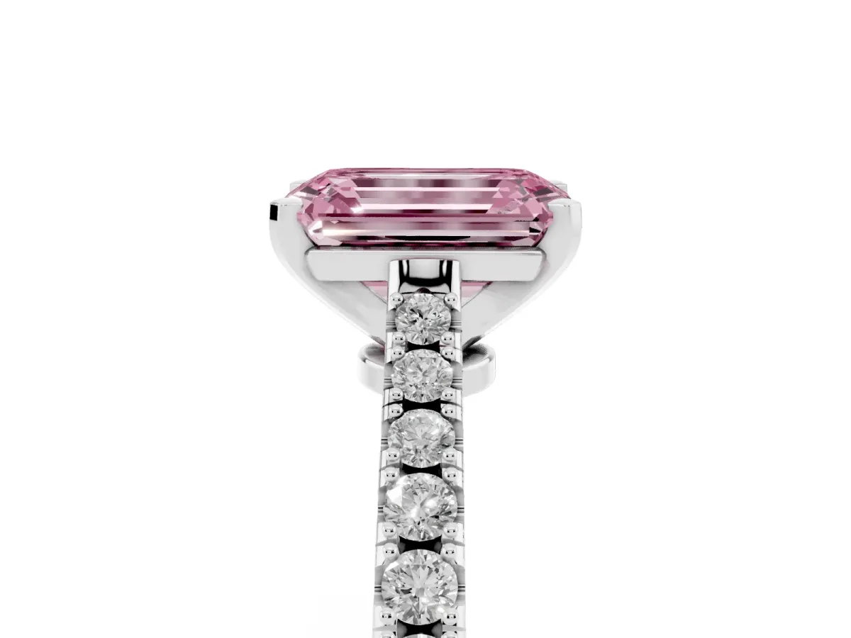Fancy Pink Emerald Cut Cut Solitaire Diamond Engagement Ring with Pave Band and Four-Prong Setting Platinum