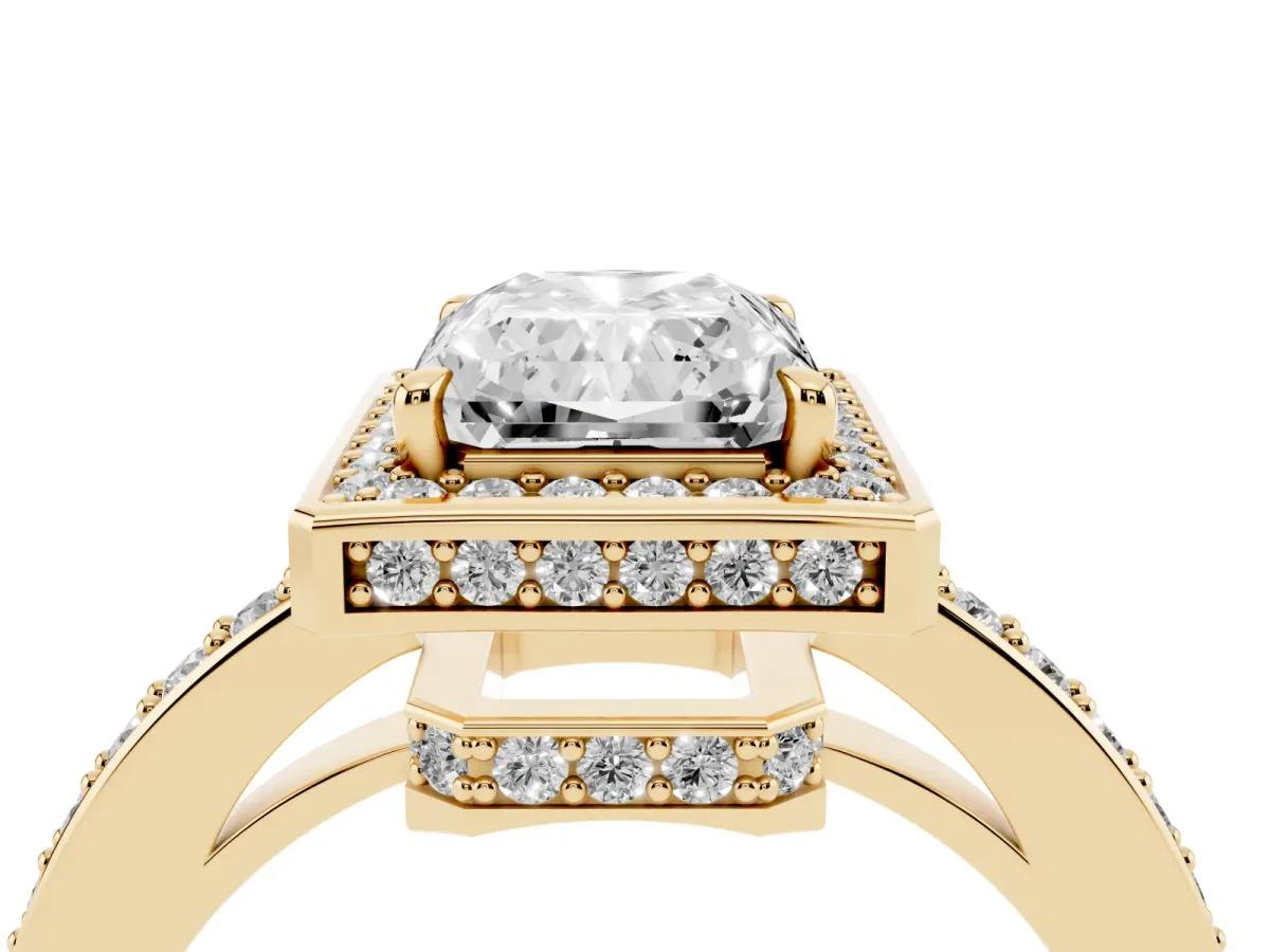 Radiant Cut Halo Pave Band Solitaire Ring with Prong Setting Yellow gold