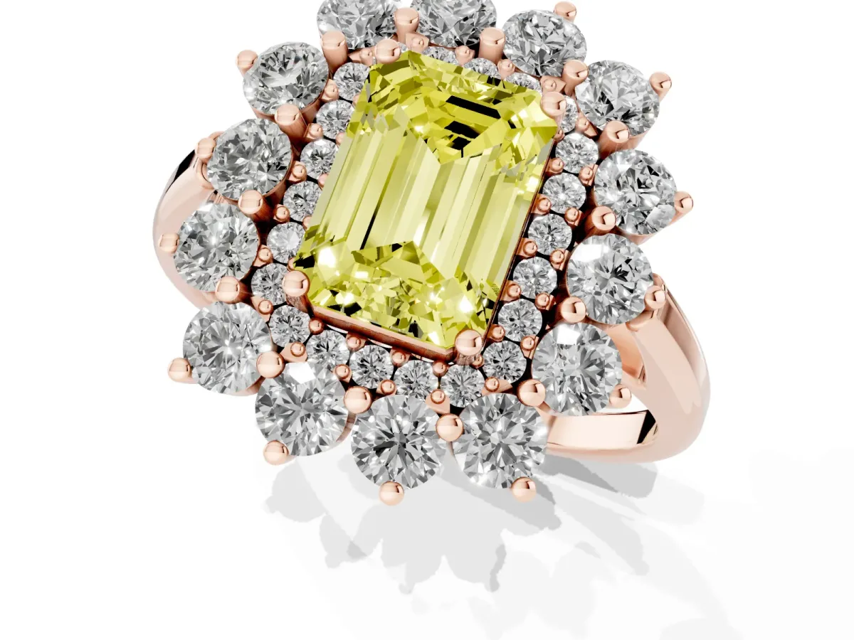 Fancy Yellow Emerald Cut Diamond Floral Double Halo Engagement Ring with Prong Setting Rose gold