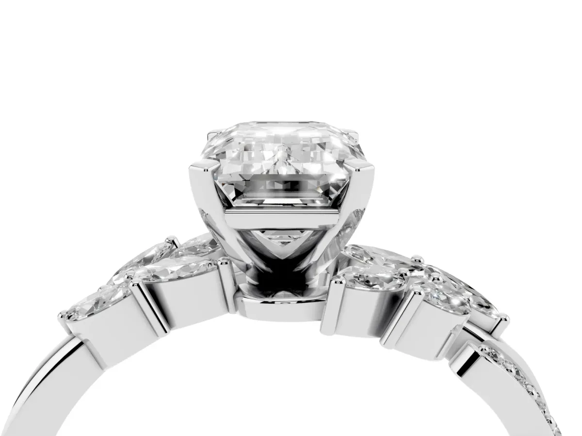 Emerald Cut Solitaire Marquise Twist Band with Six-Prong Setting Silver