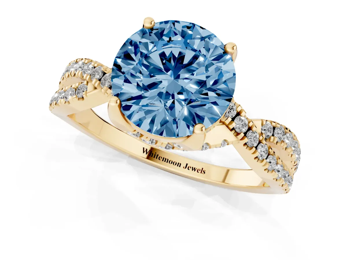 Fancy Blue Round Cut Solitaire Twist Pave Diamond Engagement Ring with Prong Setting Yellow gold