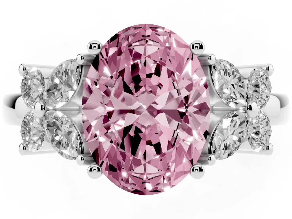 Fancy Pink Oval Cut Diamond Floral Cluster Ring with Solitaire Band and Prong Setting White gold