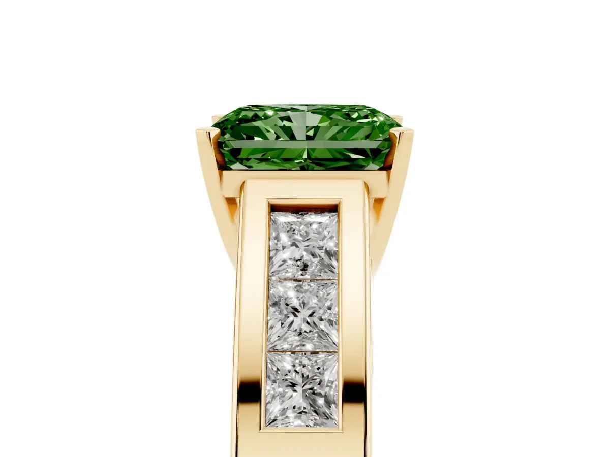 Fancy Green Radiant Cut Cut Channel Set Solitaire Ring with Four-Prong Setting Yellow gold